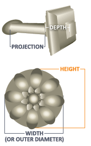4 1/2" Transitional Square Holdback With 2 1/2", 5" Or 7 1/2" Projection Stem Size Diagram